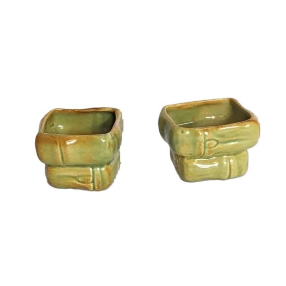 Vintage Candlestick Holder MCM Bamboo Ceramic Taper Pillar Square Midcentury